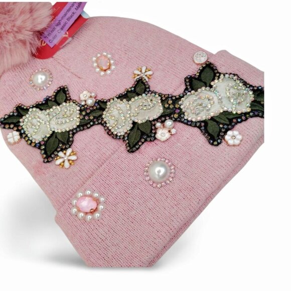 Artfully Crafted Dusty Rose Embroidered Roses Knit Beanie Crystal Adorned TT1522 - Picture 4 of 4